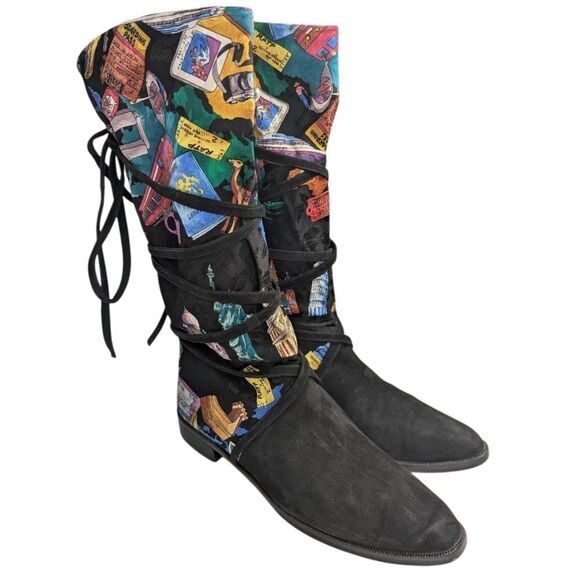 Vintage Stuart Weitzman X Nicole Miller Travelers Black Multi Womens Boots 9 - Picture 1 of 11